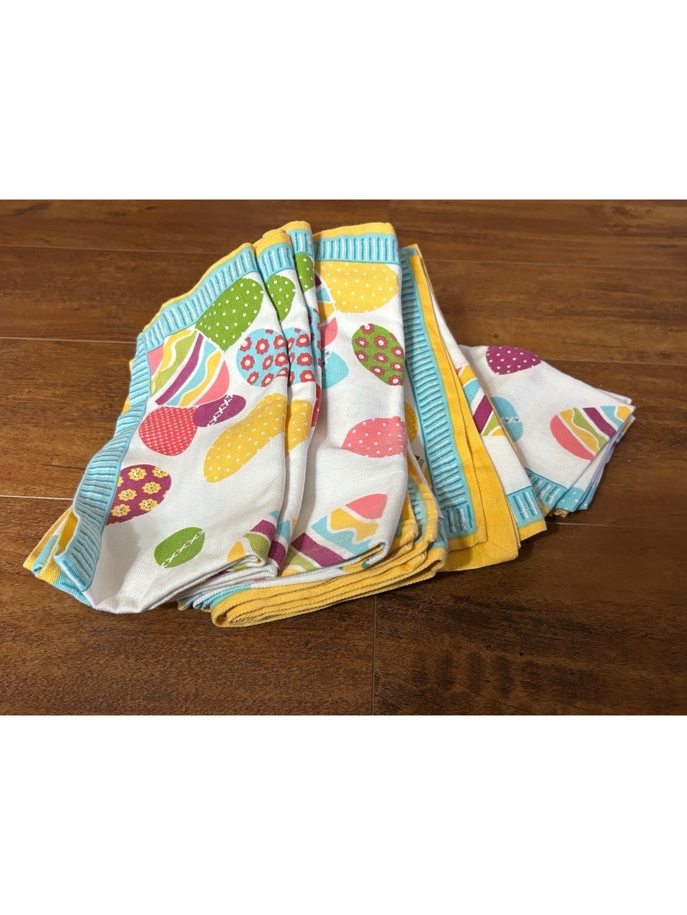 Set of 12 Colorful Easter Egg Print Cotton Napkins with Blue and Yellow Borders
